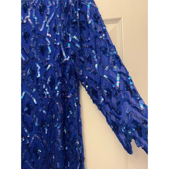 O.R. Silk Dress‎ Women's Small Blue Beaded Sequin Evening Cocktail Dress Vintage - Picture 6 of 15